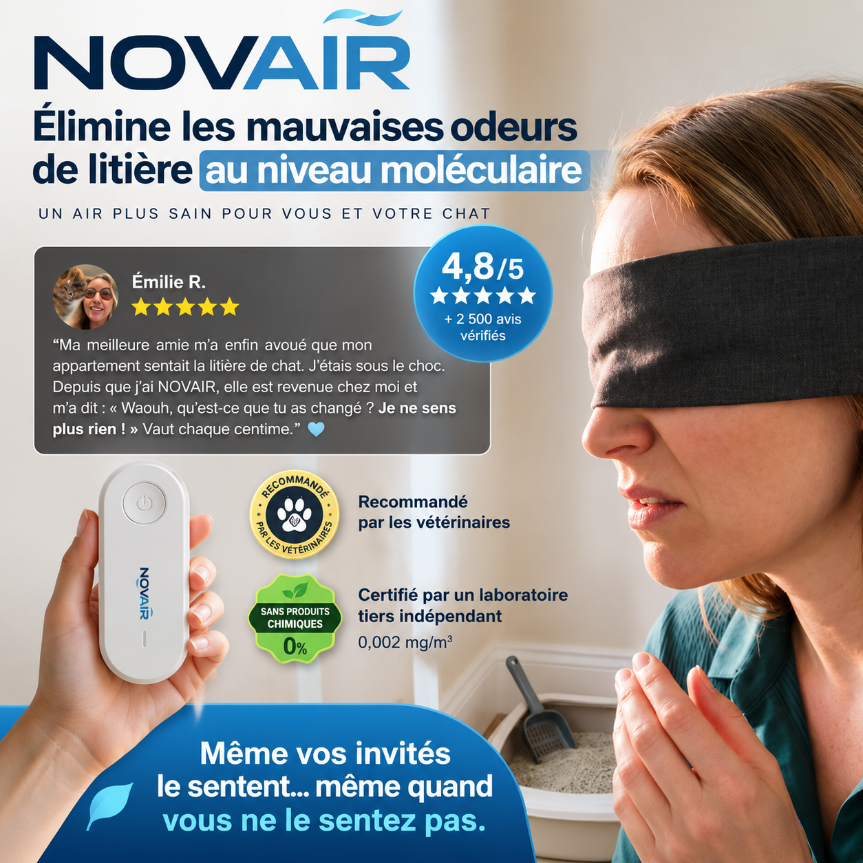 NOVAIR élimine les mauvaises odeurs de litière au niveau moléculaire