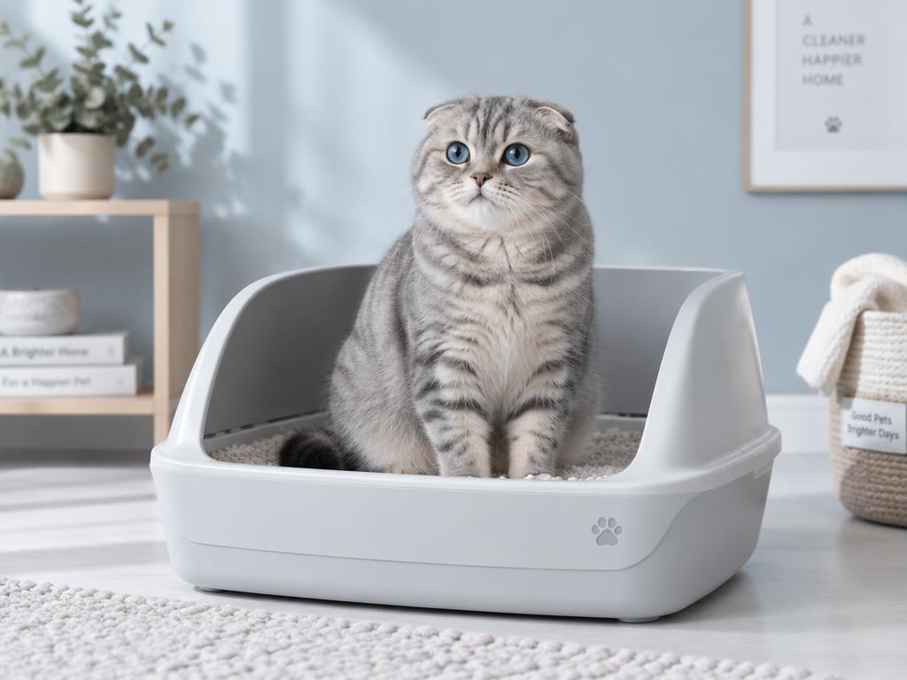 Chat assis dans sa litière, dans un intérieur qui sent le propre grâce à NOVAIR