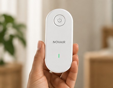 Une main tient le purificateur NOVAIR dans un salon lumineux