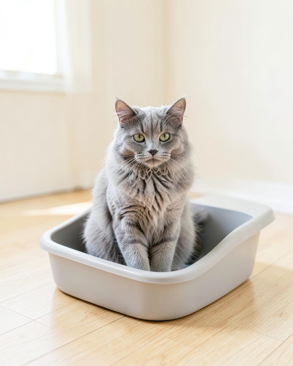 Chat gris assis dans sa litière ouverte, dans un intérieur lumineux