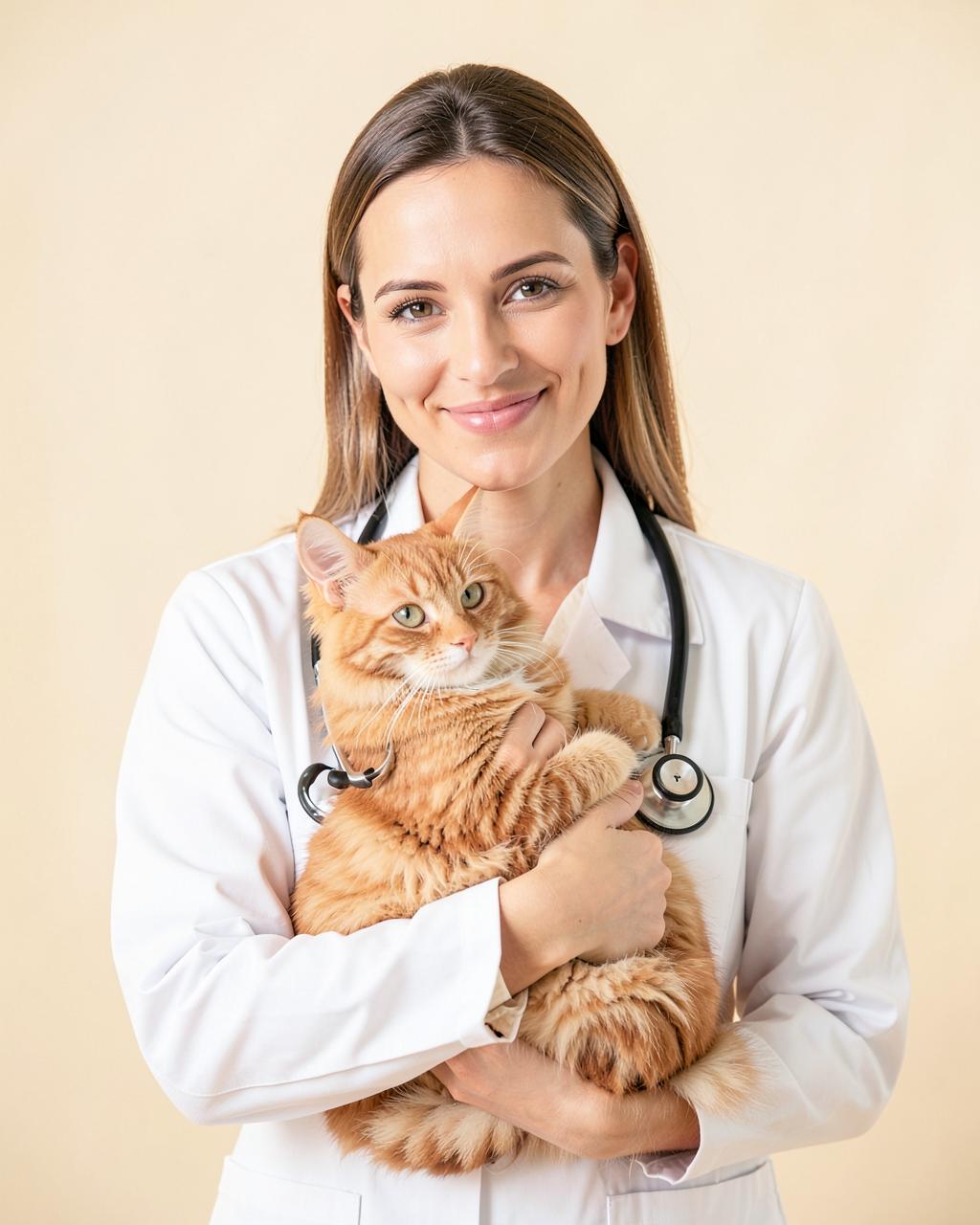 Le Dr Sarah Mitchell, vétérinaire, tenant un chat roux dans ses bras
